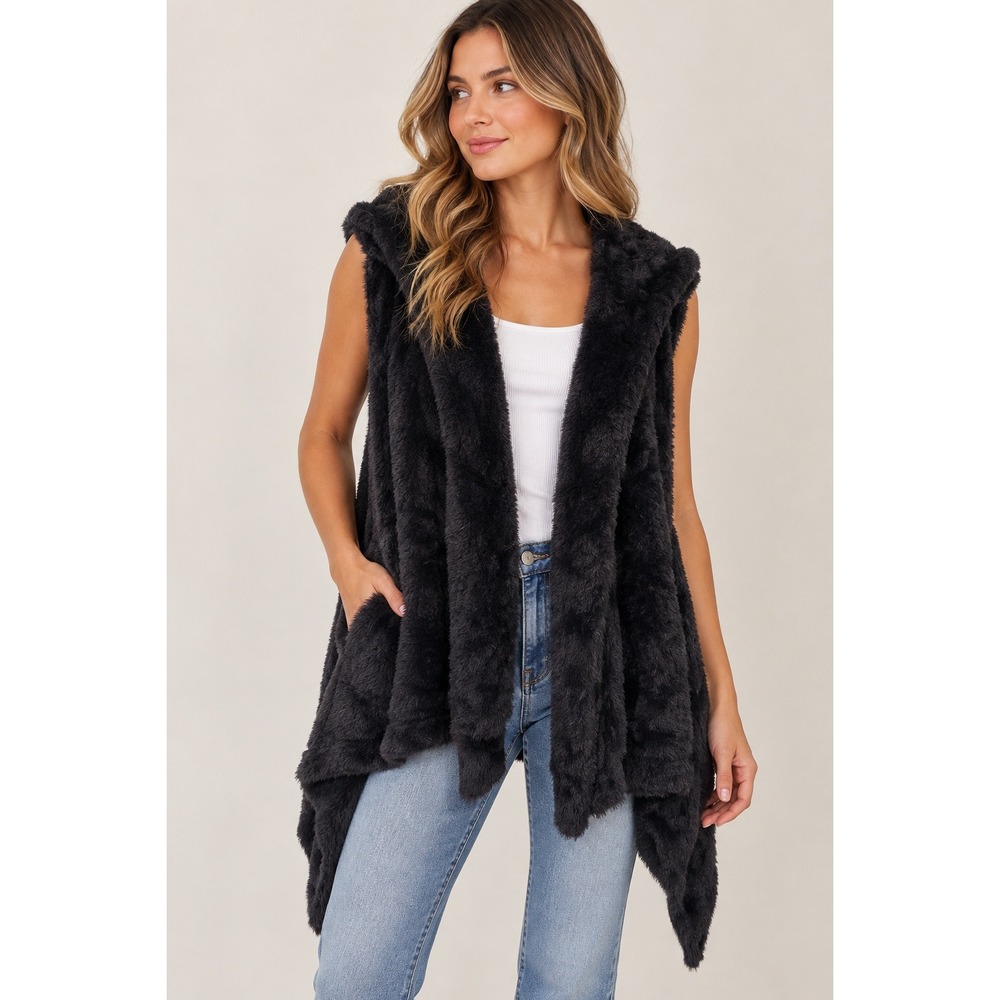 Aerie Faux Fur Hooded Vest Women OS BNAVY Fuzzy Draped Open Front Gorpcore Boho